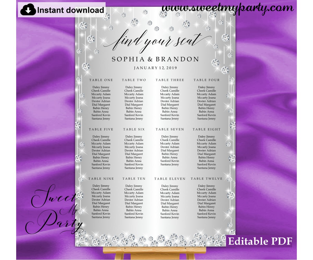 Silver diamonds seating chart,Silver sparkly seating chart,(015w)